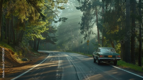 Vintage car driving on a winding road through a dense forest with sunlight filtering through the trees creating a serene atmosphere.