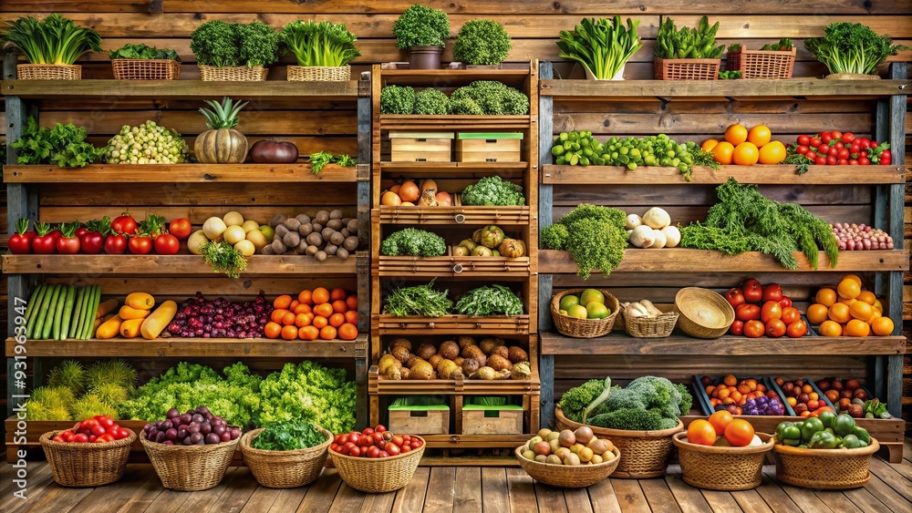 Fototapeta premium Rustic market setting with wooden shelving filled with a variety of fresh produce