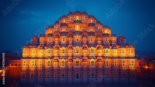 A night view of the illuminated Hawa Mahal in Jaipur, with its intricate latticework glowing under the lights. photo