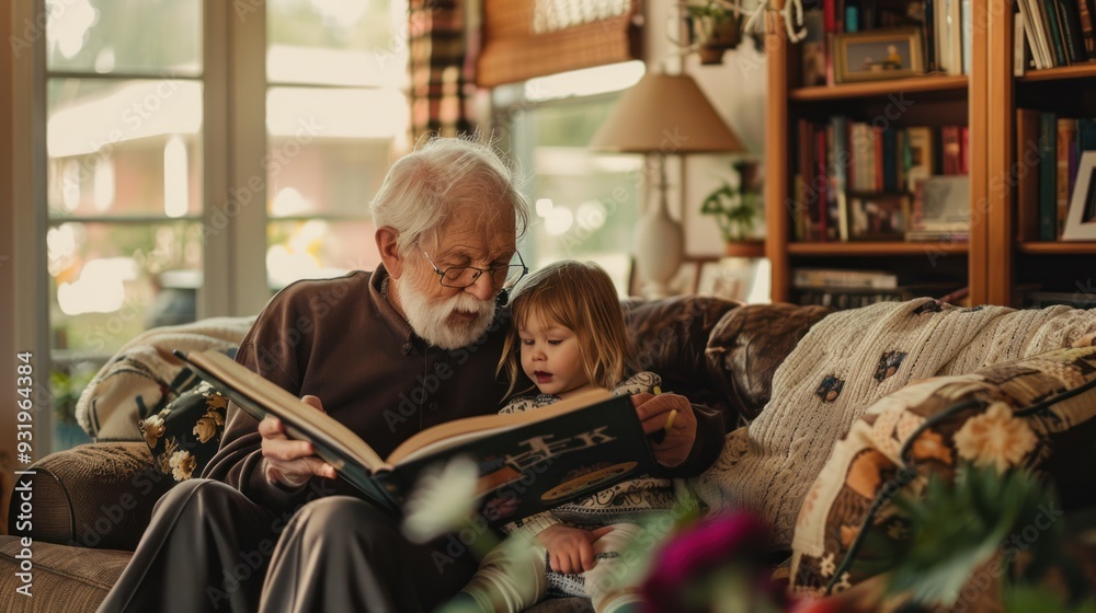 Obraz premium Healthy grandparents sit reading a book with their cute little grandchild in the warm living room of their home.
