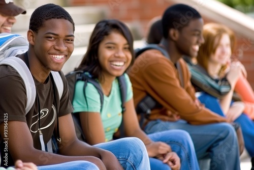 A group of students on the university campus sitting on the stairs and laughing together.