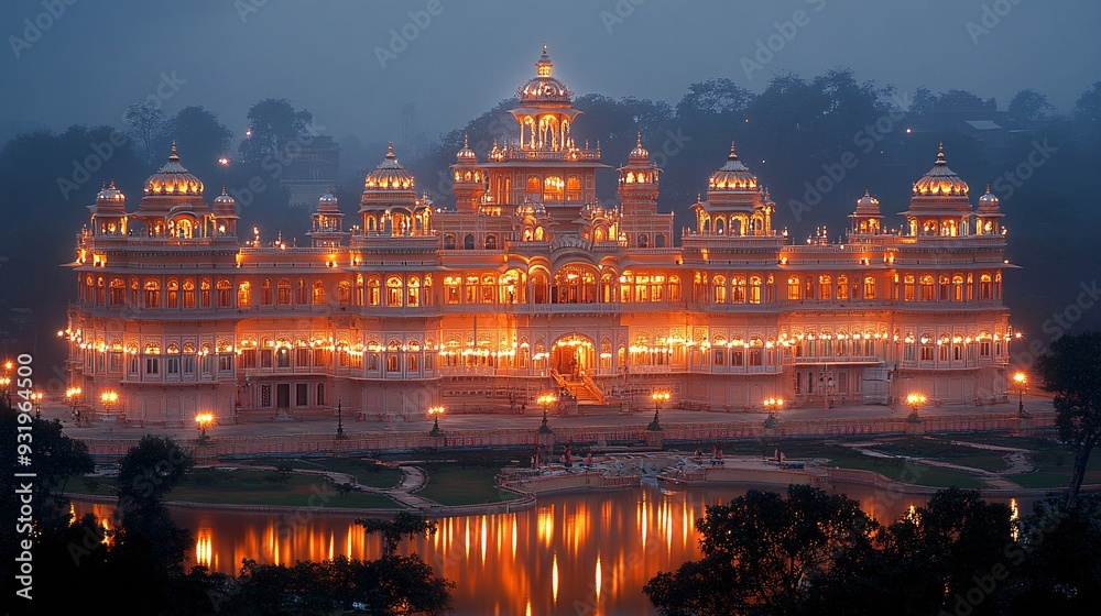 Fototapeta premium The grandeur of Mysore Palace lit up at night, with its golden lights reflecting off the surrounding gardens.