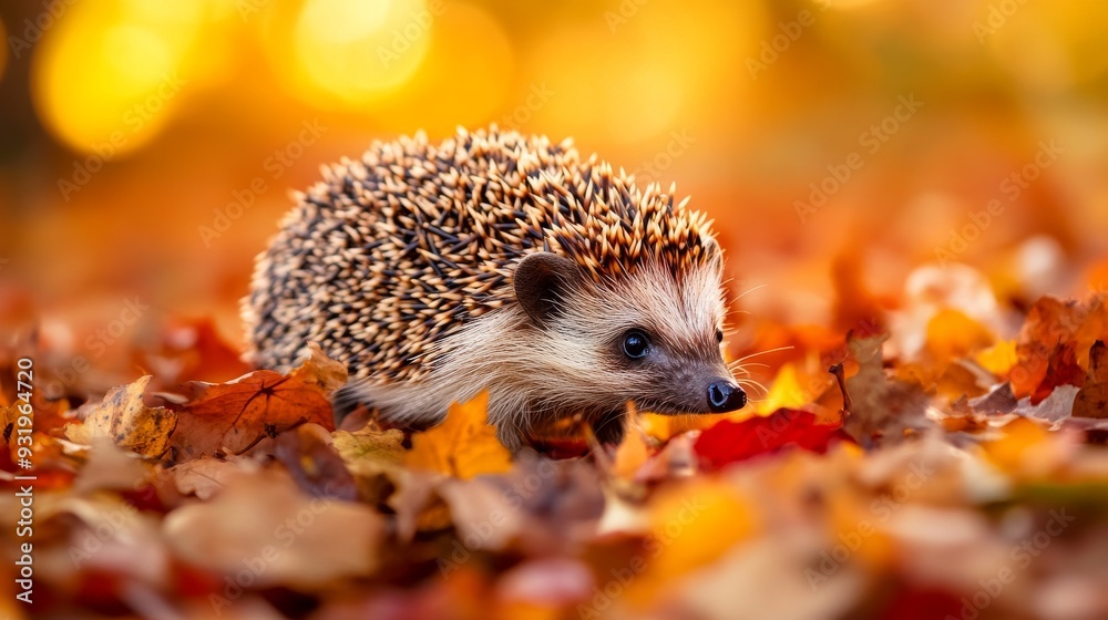 Hedgehog walking on fallen leaves during autumn season Hedgehog walking on fallen leaves during autumn season