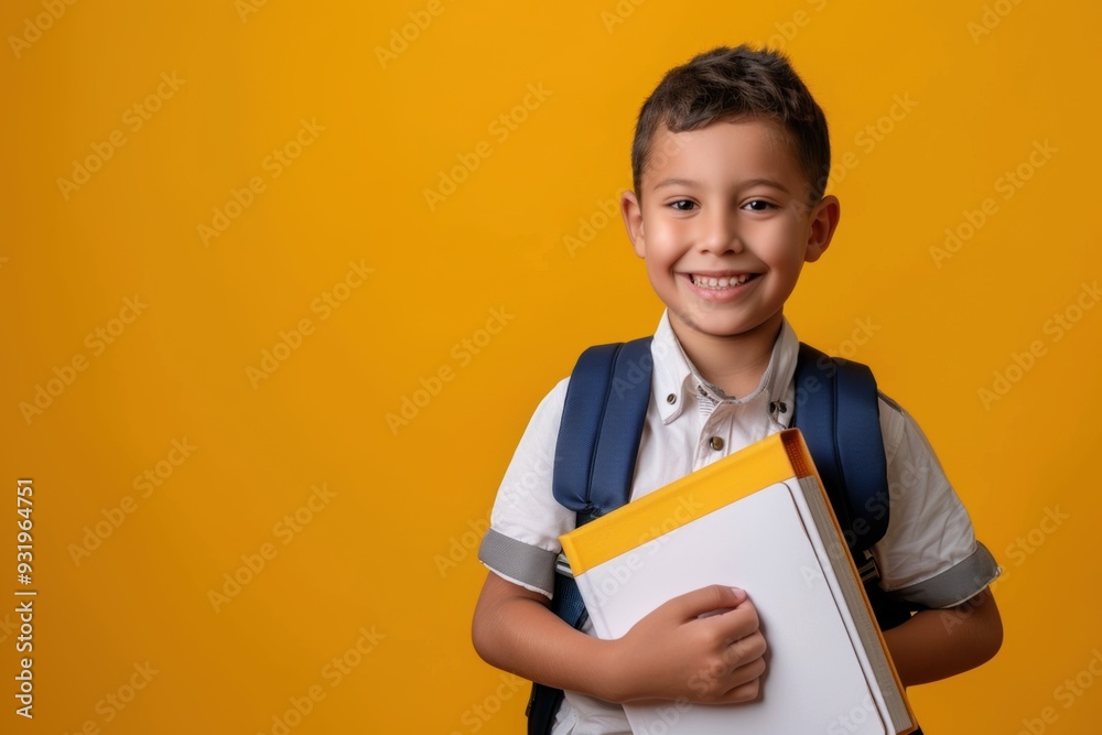 Smiling boy in casual clothes with books for study at school isolated on yellow background Smiling boy in casual clothes with books for study at school isolated on yellow background