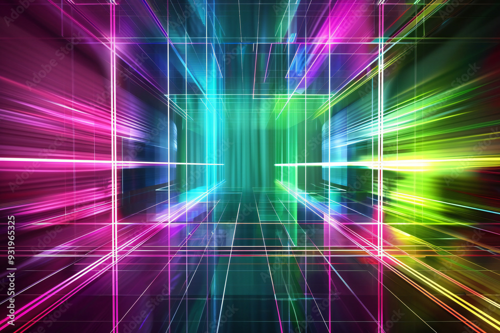 Abstract Neon Grid with Light Streaks - Futuristic and Vibrant Digital Art with Glowing and Dynamic Motion