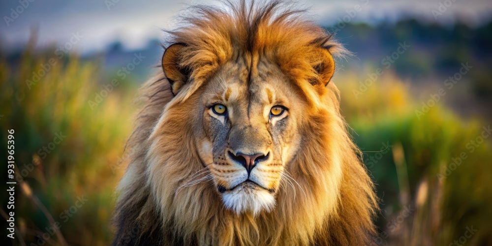 Close-up photo of a majestic lion staring directly at the camera in the wild, lion, wildlife, predator, Africa, carnivore Close-up photo of a majestic lion staring directly at the camera in the wild, lion, wildlife, predator, Africa, carnivore