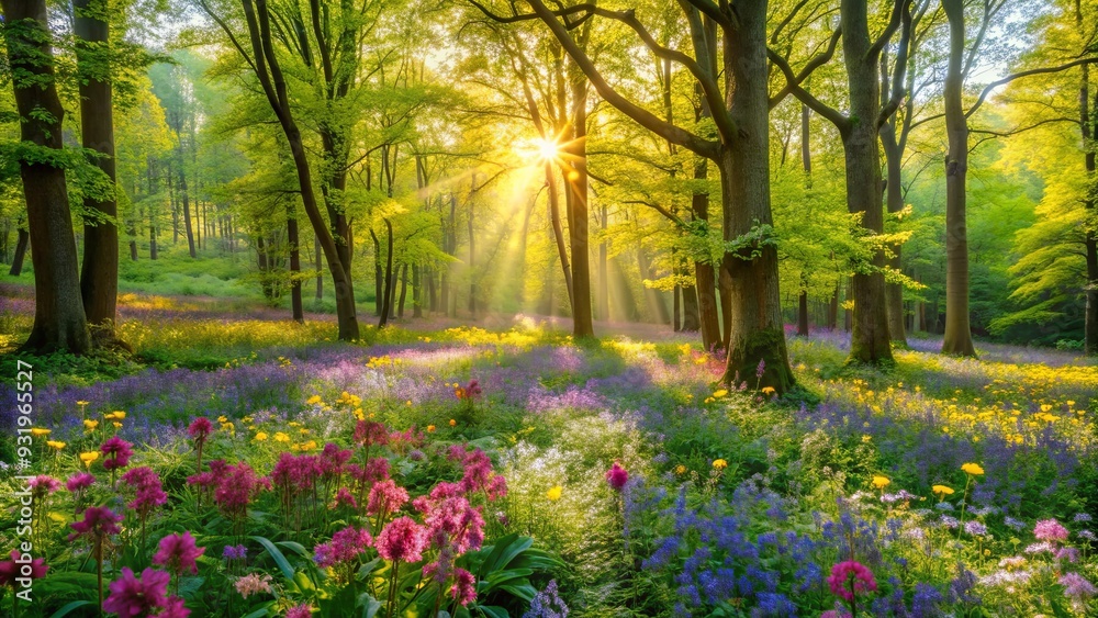 Lush spring forest with vibrant blooming wildflowers, surrounded by lush greenery and foliage Lush spring forest with vibrant blooming wildflowers, surrounded by lush greenery and foliage