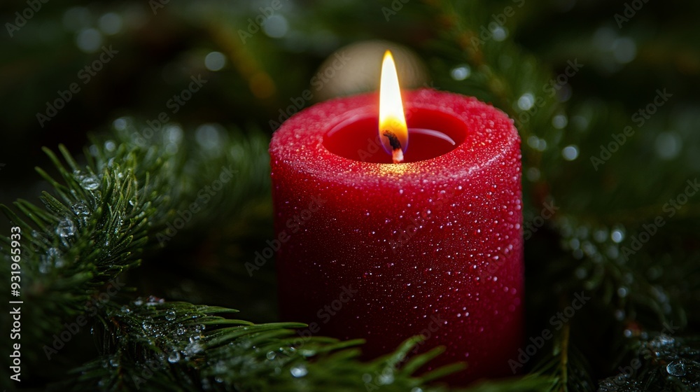 Red candle burning among green fir branches Red candle burning among green fir branches