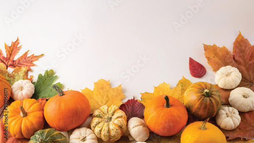Pumpkins and Gourds on Autumn Leaves with Copyspace