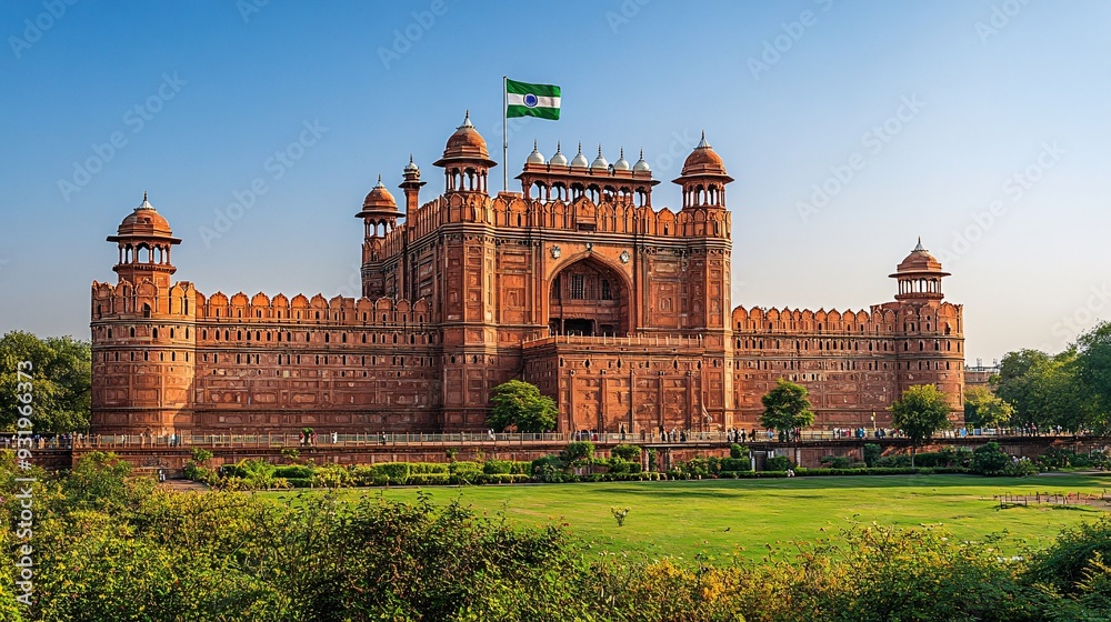 Fototapeta premium The historic Red Fort in Delhi, with its massive red sandstone walls and the Indian tricolor flag flying above.
