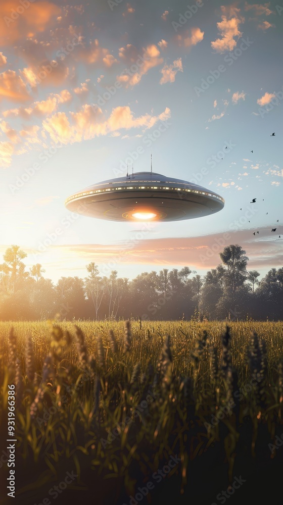 A glowing unidentified flying object appears above a serene landscape at dusk A glowing unidentified flying object appears above a serene landscape at dusk