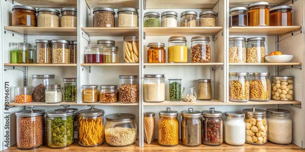 Organized pantry with neatly labeled jars and containers promoting food safety, pantry, jars, containers, labels Organized pantry with neatly labeled jars and containers promoting food safety, pantry, jars, containers, labels