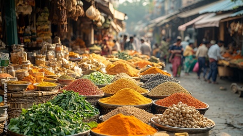 Fototapeta Naklejka Na Ścianę i Meble -  A bustling scene at the spice market in Kochi, with mounds of colorful spices, herbs, and people busy buying and selling.