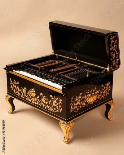 Elegant vintage grand piano with ornate golden decorations, showcasing intricate craftsmanship and stunning design. photo