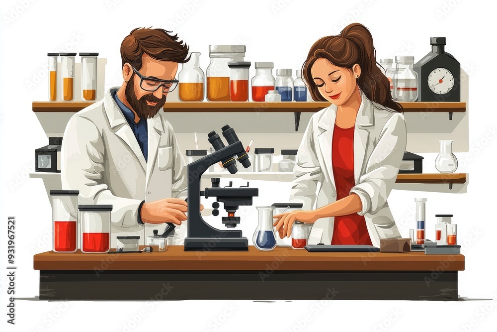 Scientists working in a laboratory with a microscope Scientists working in a laboratory with a microscope
