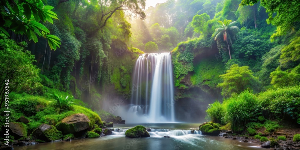 Majestic misty waterfall surrounded by lush greenery in a serene forest setting, nature, waterfall, misty, serene Majestic misty waterfall surrounded by lush greenery in a serene forest setting, nature, waterfall, misty, serene