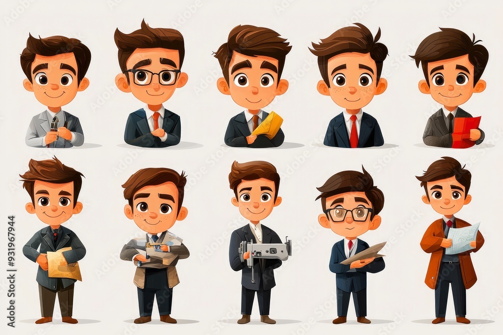 Cartoon Businessmen Set - Diverse Characters in Suits and Accessories Cartoon Businessmen Set - Diverse Characters in Suits and Accessories