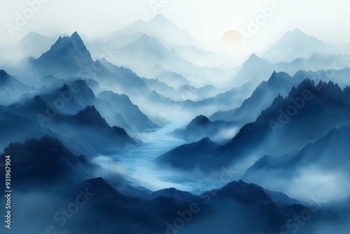 Misty Blue Mountain Range with Layered Peaks and Valleys in a Serene Landscape at Sunrise, Tranquil Scenic View of Mountains Shrouded in Fog and Clouds, Nature and Wilderness Background