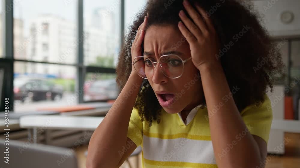 African American student girl woman female lady teen business woman businesswoman shock sad frustrated upset failure unsaved diploma laptop computer bad news lose headache study work problem online