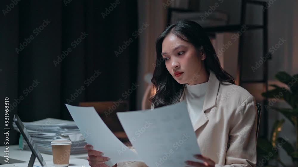 Businesswoman feeling frustrated while working late at her desk, surrounded by paperwork and facing mounting pressure Businesswoman feeling frustrated while working late at her desk, surrounded by paperwork and facing mounting pressure