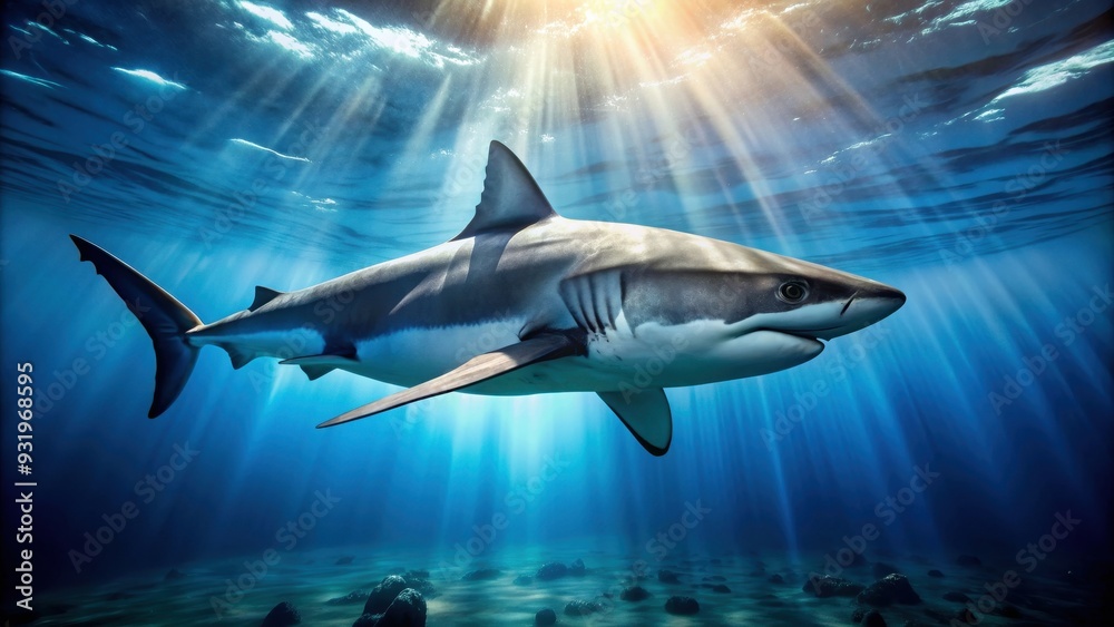 Obraz premium Majestic shark swimming in the deep sea , predator, ocean, underwater, marine life, wildlife, teeth, danger, aquatic