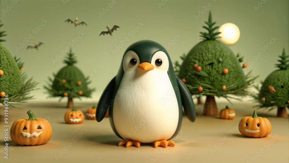 Fototapeta premium Cute penguin cheerfully posing with pumpkins against autumn forest backdrop