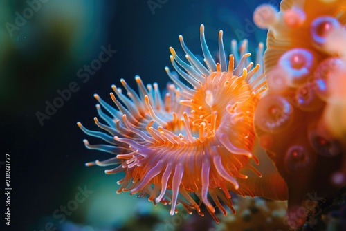 Close-Up of Vibrant Underwater Coral Reef with Orange Anemones