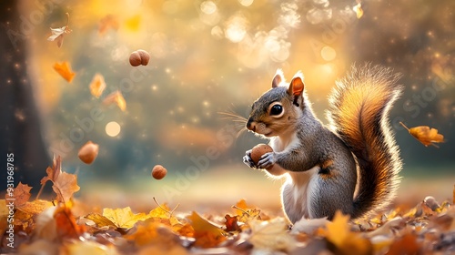 Squirrel hiding nuts, autumn leaves swirling