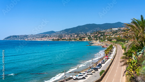 Fototapeta Naklejka Na Ścianę i Meble -  Panoramic view of Sanremo town and the cycle path Riviera dei Fiori. Liguria, Italy