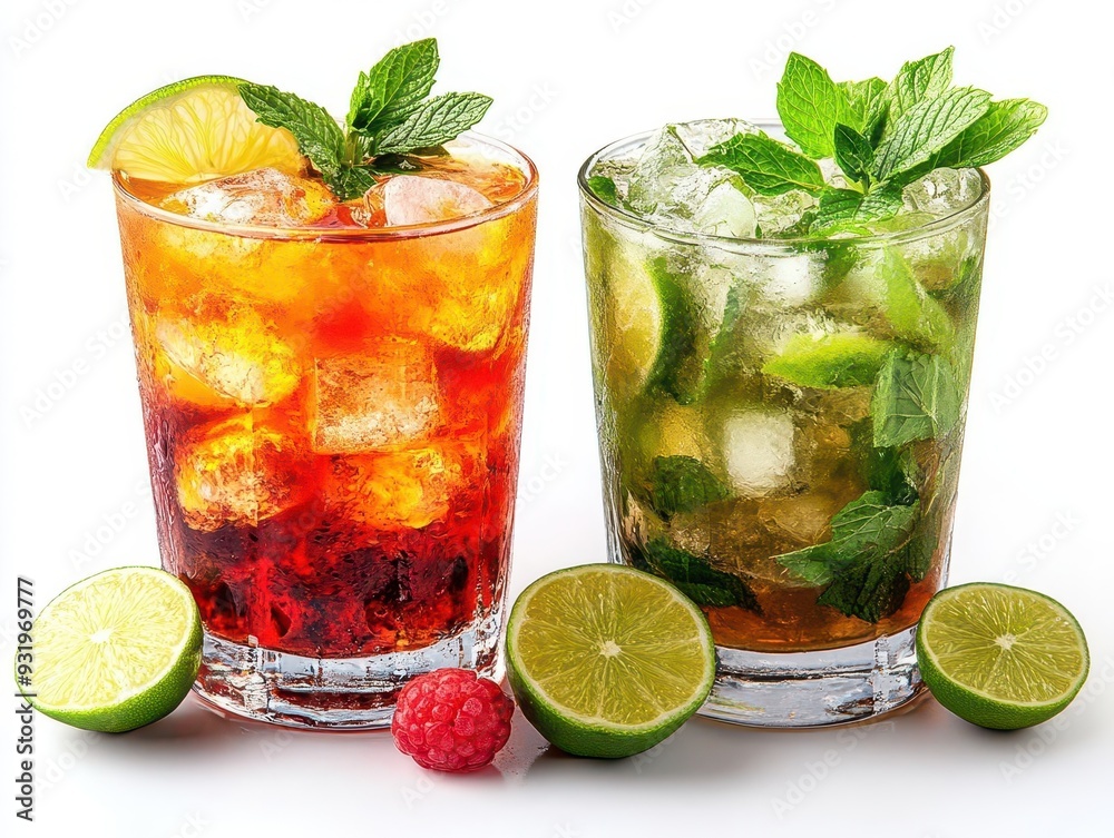 vibrant cocktail duo featuring a zesty caipirinha and refreshing mojito isolated on crisp white background garnished with fresh lime and mint exuding tropical allure vibrant cocktail duo featuring a zesty caipirinha and refreshing mojito isolated on crisp white background garnished with fresh lime and mint exuding tropical allure