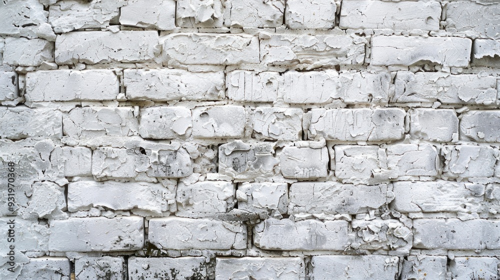 Close-up of a peeling and old white and gray cement brick wall, a sign of long-term use.