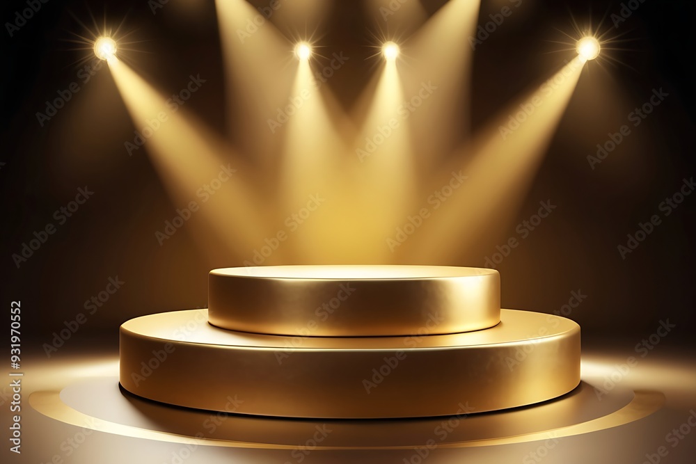 Gold background podium award stage light golden win 3D platform. Background luxury gold podium winner ceremony spotlight star abstract shine prize champion design victory show product template studio