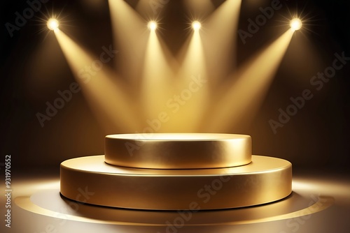 Gold background podium award stage light golden win 3D platform. Background luxury gold podium winner ceremony spotlight star abstract shine prize champion design victory show product template studio