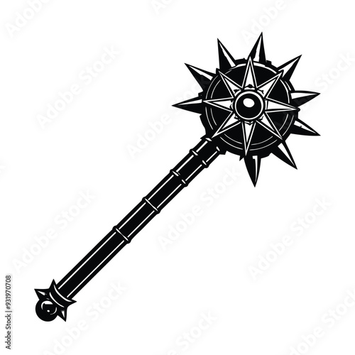 Mace icon. Medieval weapon. Black and white vector illustration.