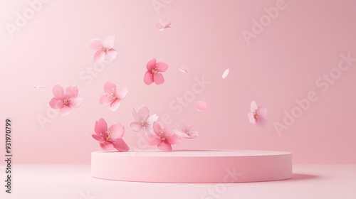 3D background featuring a pink podium with falling blossoms Ideal for cosmetic or beauty product promotions in a floral pastel theme Abstract minimalist advertisement with mockup space
