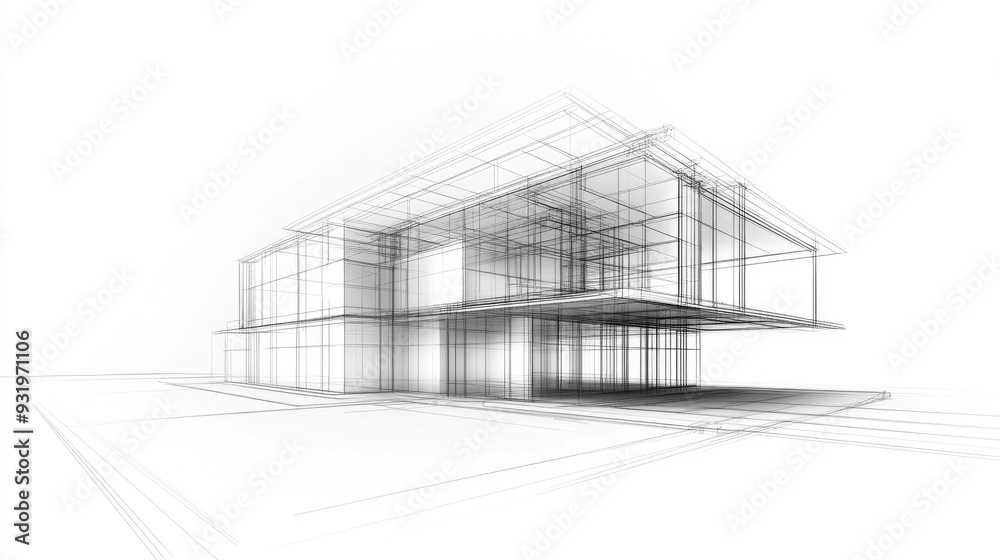 3D illustration of an architectural drawing on a white background 3D illustration of an architectural drawing on a white background