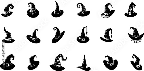 Set chapeau sorcière ou sorcier magique pour Halloween, vecteur noir isolé fond transparent