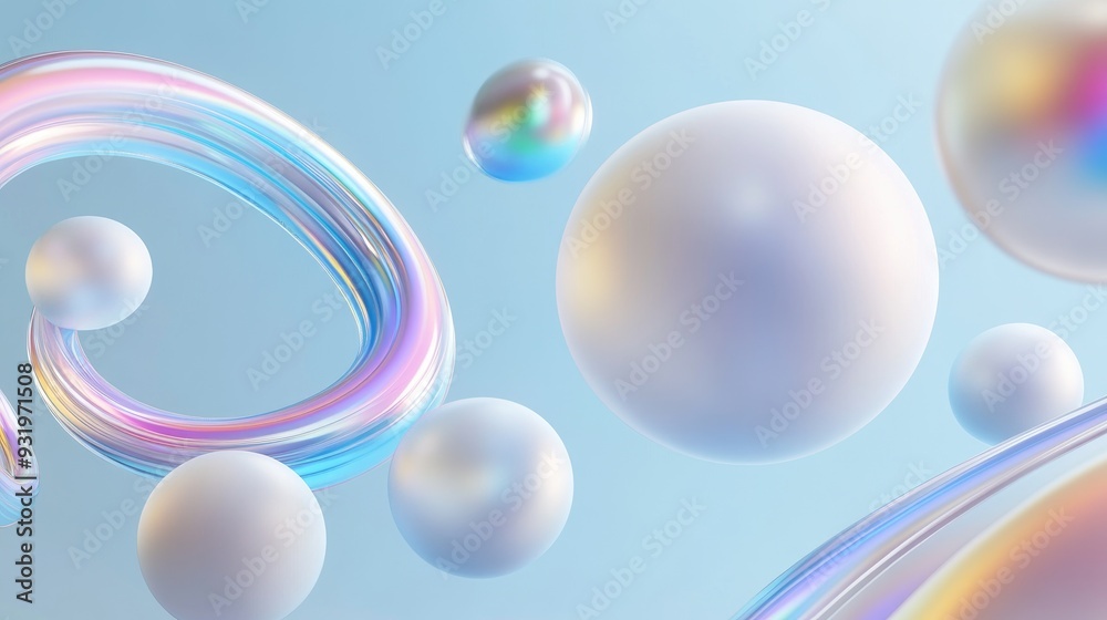 3D rendering of an abstract art composition featuring floating surreal spheres rings and soft round forms in matte white adorned with metallic stripes in a rainbow gradient against a blue backgrou
