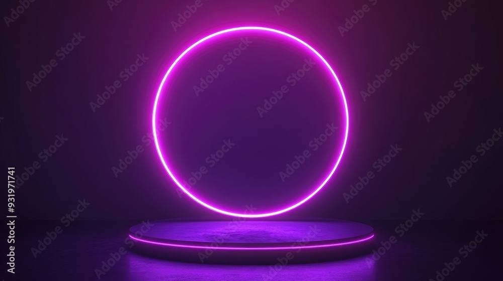 3D Rendering of Neon Fluorescence Featuring a Podium Background Ultraviolet Glowing Circle Light Minimalist Design Concept Ideal for Product Mockup Space