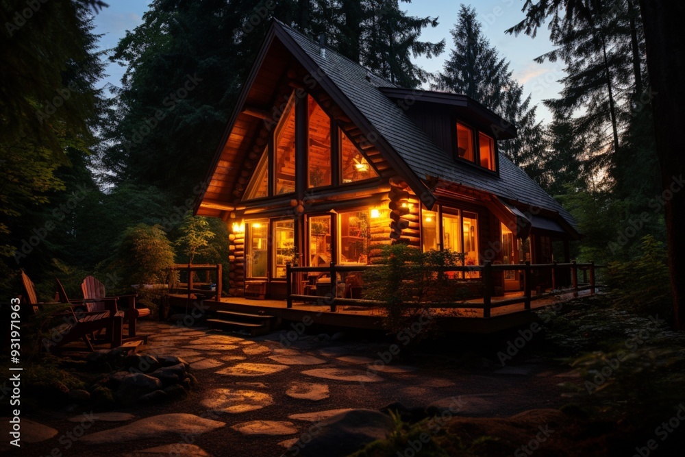 Cozy cabin nestled among trees aglow with light night background Cozy cabin nestled among trees aglow with light night background