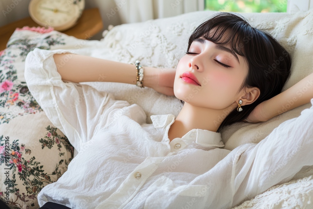 Serene young woman lying on a bed of soft pillows eyes closed in peaceful slumber exuding calmness comfort and the gentle warmth of a restful sleep Serene young woman lying on a bed of soft pillows eyes closed in peaceful slumber exuding calmness comfort and the gentle warmth of a restful sleep
