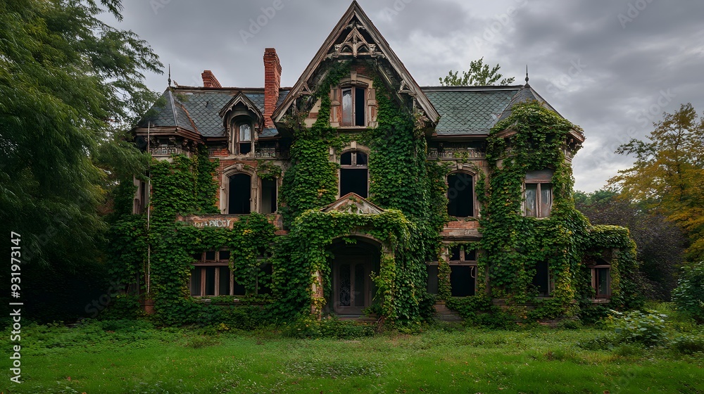 60. **A neglected historic mansion with vines covering its once-grand facade 60. **A neglected historic mansion with vines covering its once-grand facade