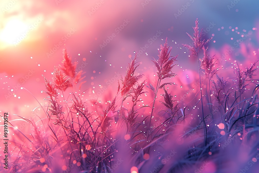 A field of pink grass with a sun in the background A field of pink grass with a sun in the background