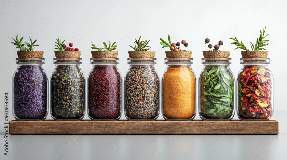 A collection of colorful spices in jars, arranged neatly on a wooden shelf, perfect for culinary inspiration and home decor.