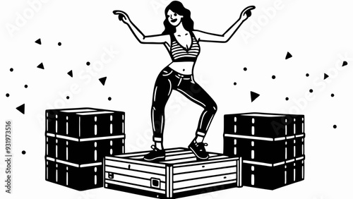 Energetic silhouette woman figure dancing triumphantly on stage box in monochrome style