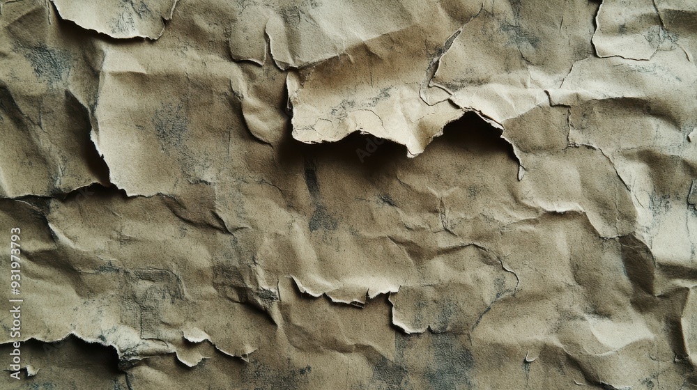 Closeup of a crumpled, textured, grey and beige paper background with ripped edges and dark smudges. Closeup of a crumpled, textured, grey and beige paper background with ripped edges and dark smudges.