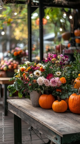 Pumpkins and flowers sitting on rustic table selling at outdoor flower market