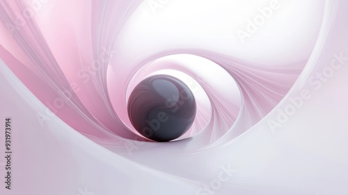 Abstract design featuring a white and light pink bending line forming a tunnel with a dark sphere at its center evoking a sci fi hypnotic corridor effect photo