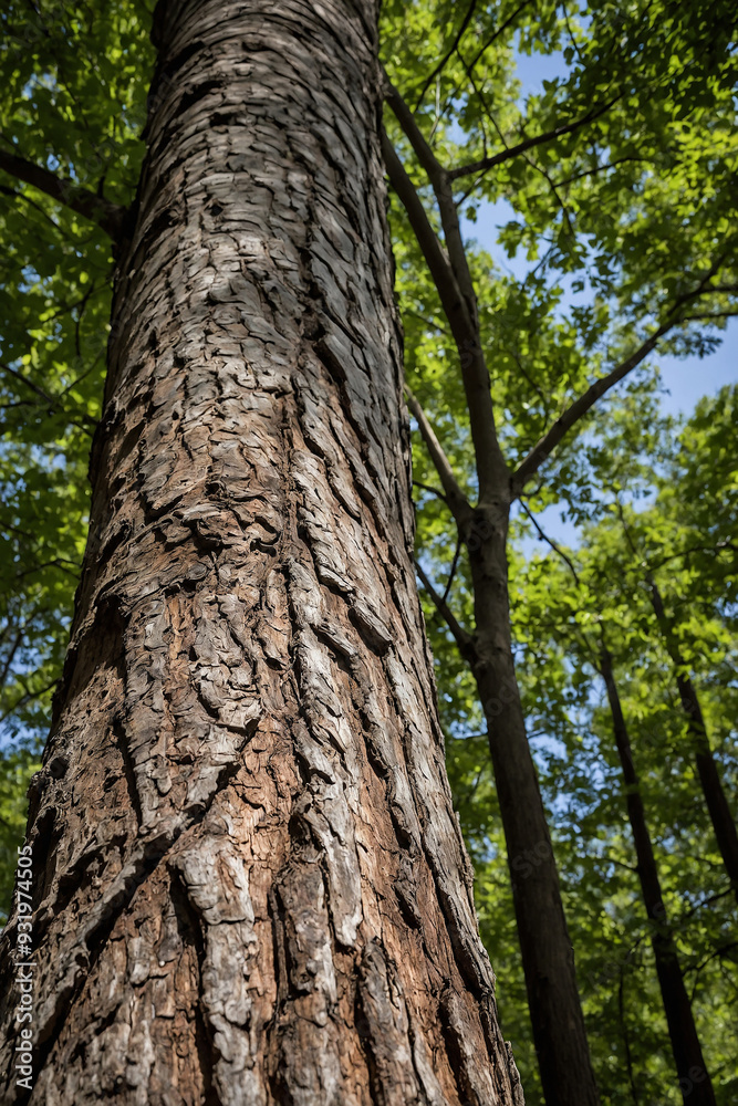 Tree trunk with detailed bark texture, reaching up towards the canopy Tree trunk with detailed bark texture, reaching up towards the canopy