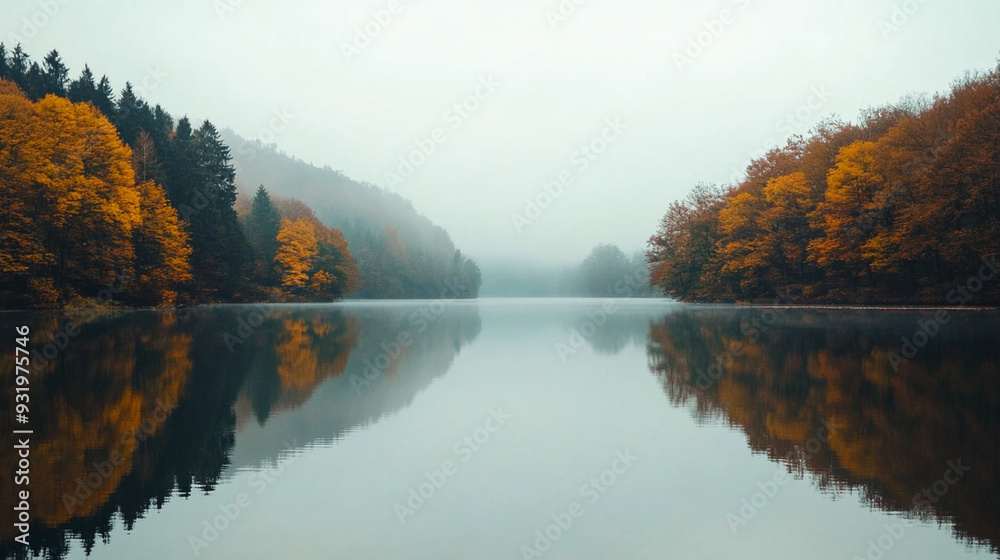 Obraz premium Reflections of the river among the foliage and sky, golden autumn.